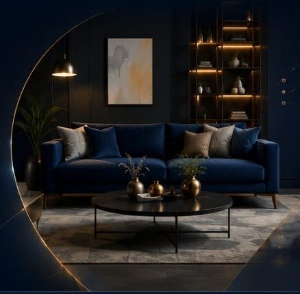 Luxury navy blue sofa in a modern living room